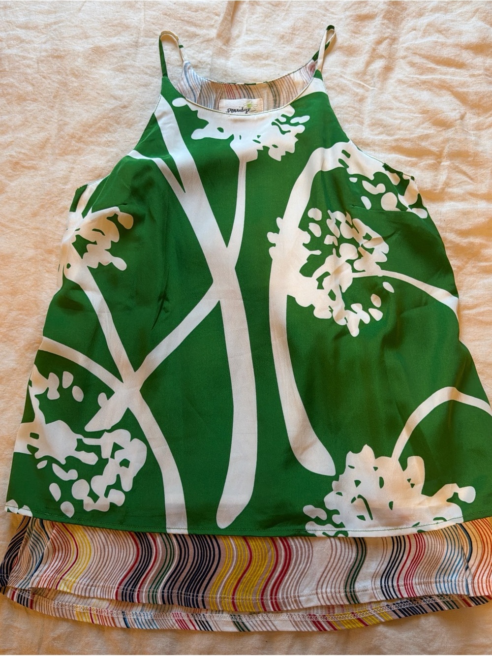 Anthropologie Green and White Floral Halter Tank with Multicolor Stripe Hem